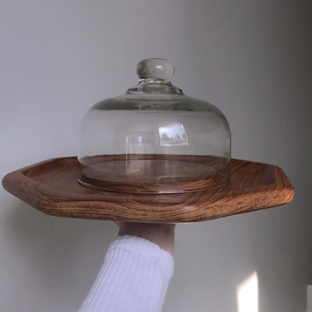 Vintage MCM Wooden Cheese Tray and Glass Cover